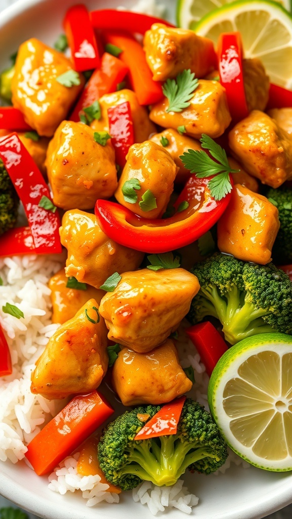 Lemongrass Chicken Stir-Fry Recipe Lemongrass chicken stir-fry with vegetables served over rice, garnished with cilantro and lime.